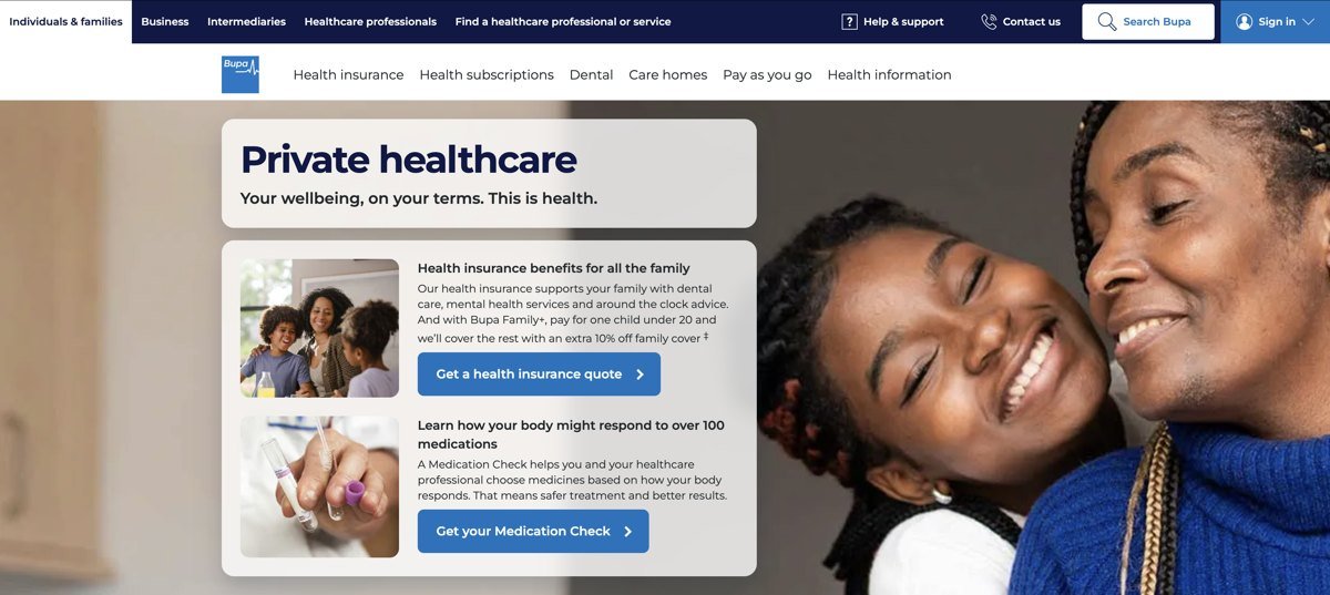 Screenshot of the Bupa healthcare website homepage